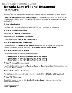Valid Last Will and Testament Document for the State of Nevada